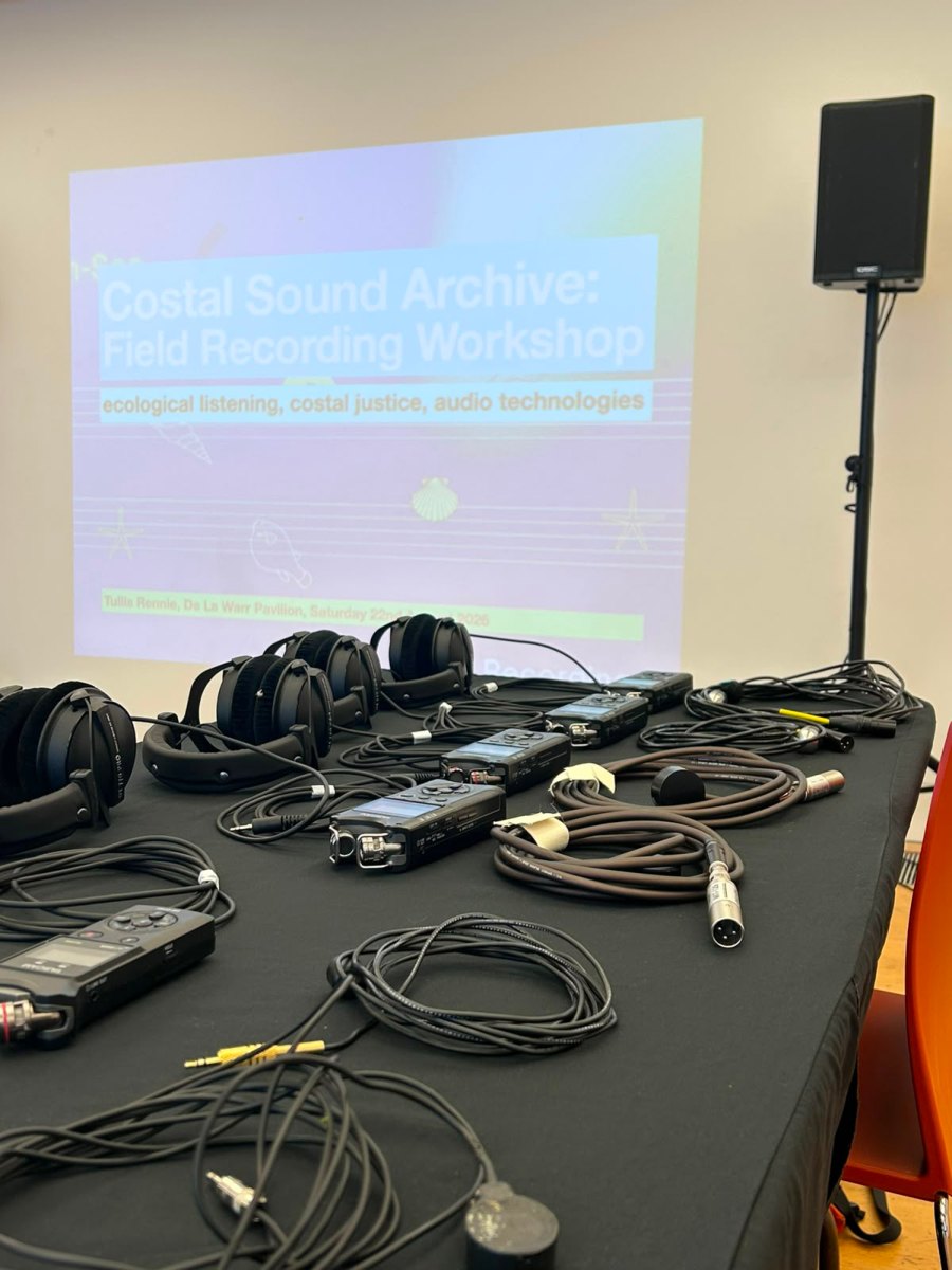 Headphones and recording equipment laid out at De La Warr Pavilion.
